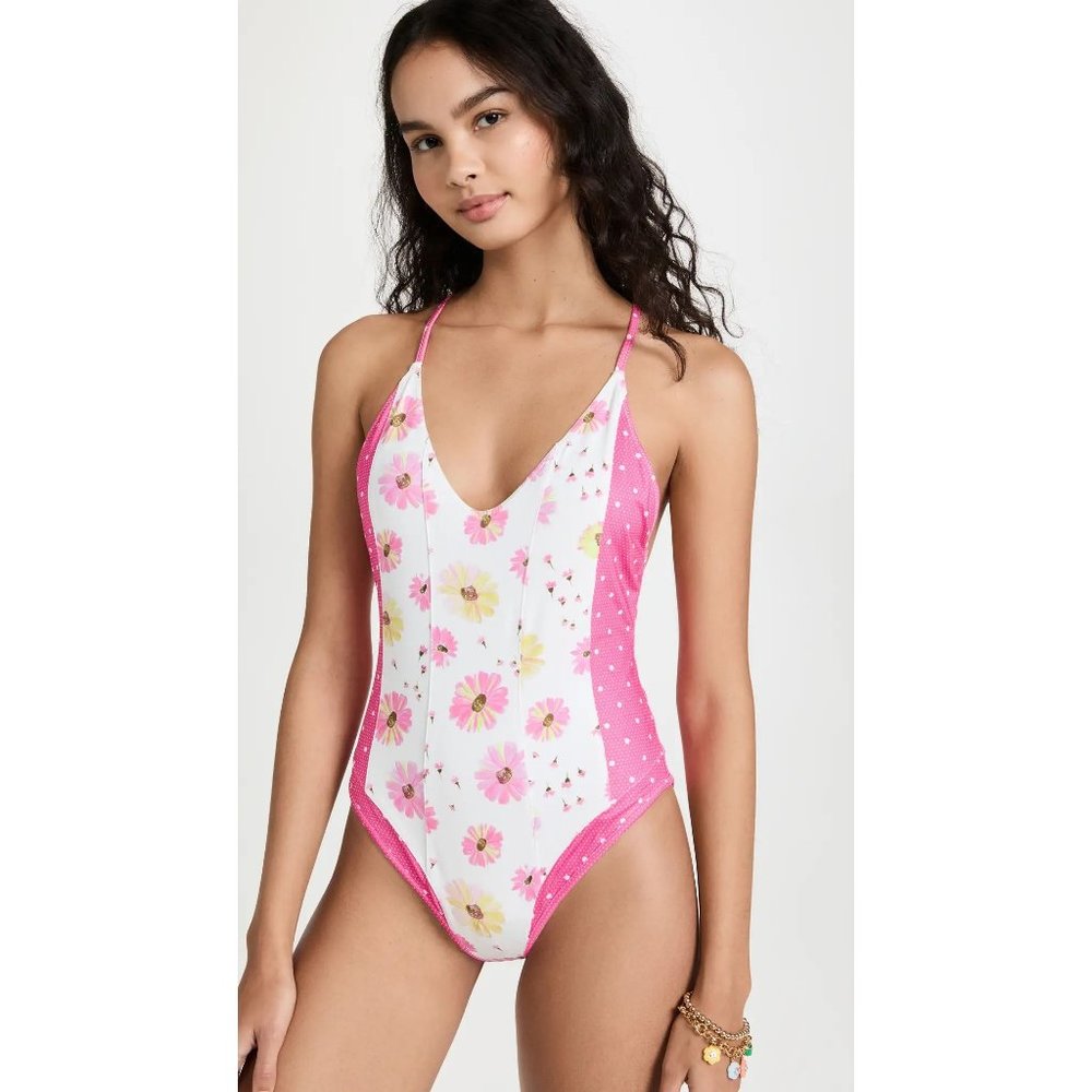 LoveShackFancy NWT Shailee One Piece Swimsuit in Bright Peony Multi size Large